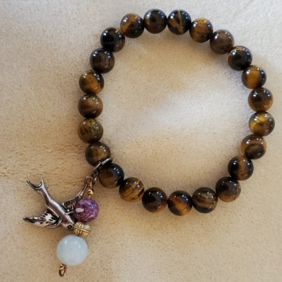 Natural Tiger'sEye Gemstone Healing Bracelet with two charms - Picture 2 of 2